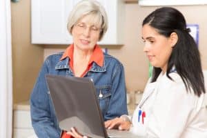 woman looking at exam results